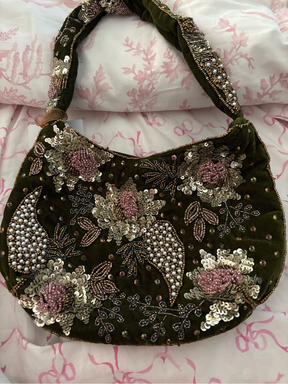 Olive Green Velvet Beaded Shoulder Bag with Floral Embellishment
